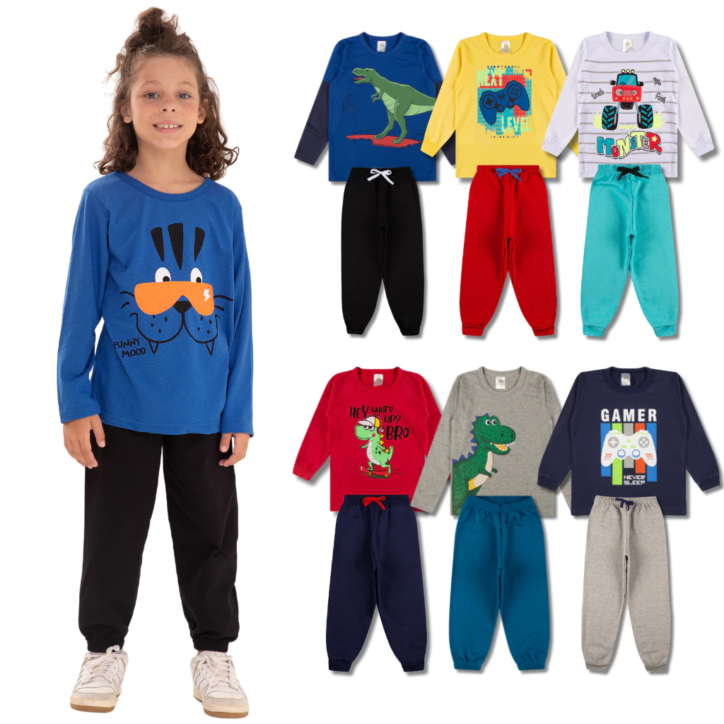 Kit Sortido 6 Peças de Roupas Masculino Infantil Inverno Meia Estação – 3 camisas manga longa + 3 calças de Moletom